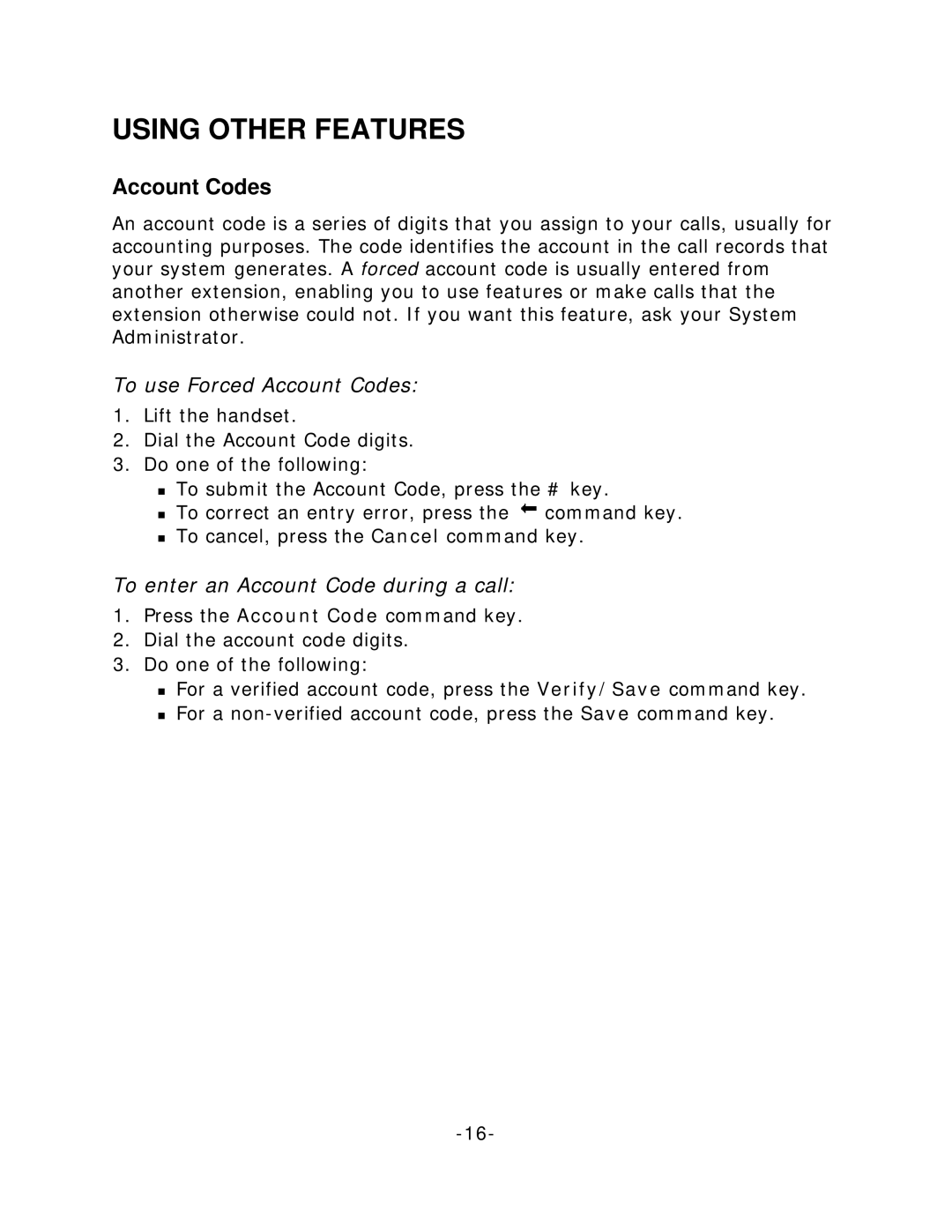 Palm 5240 manual Using Other Features, To use Forced Account Codes, To enter an Account Code during a call 