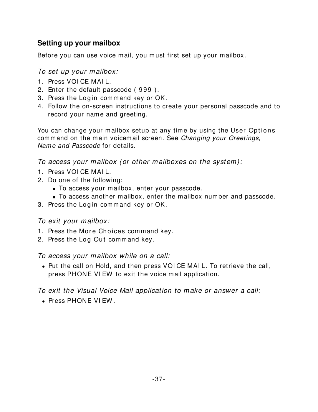 Palm 5240 manual Setting up your mailbox, To set up your mailbox, To access your mailbox or other mailboxes on the system 