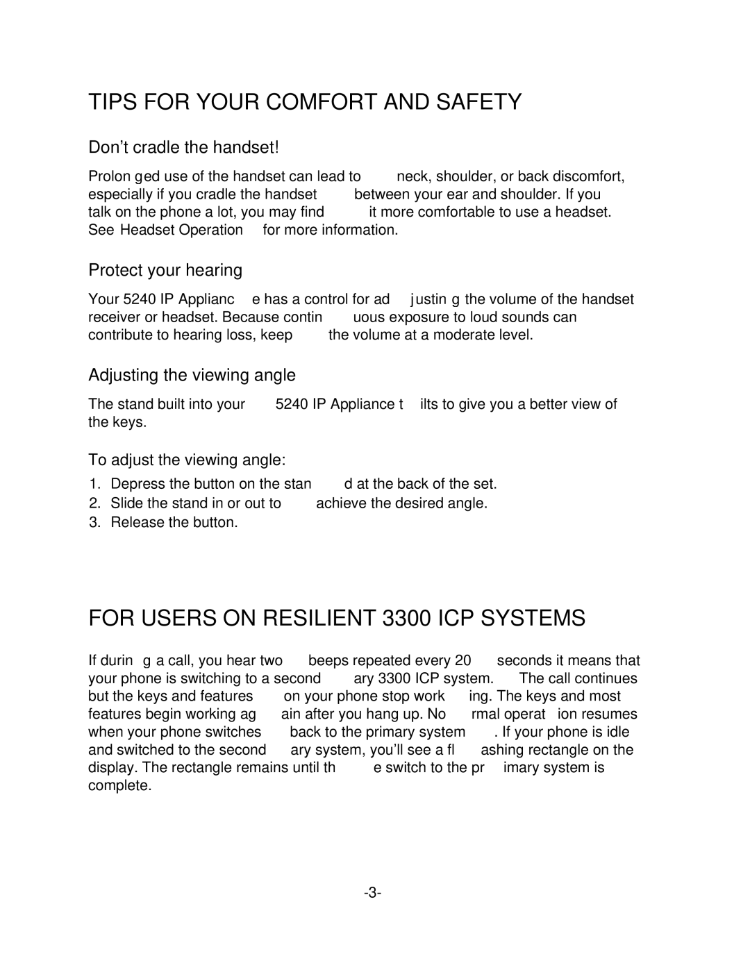 Palm 5240 manual Tips for Your Comfort and Safety, For Users on Resilient 3300 ICP Systems, Dont cradle the handset 