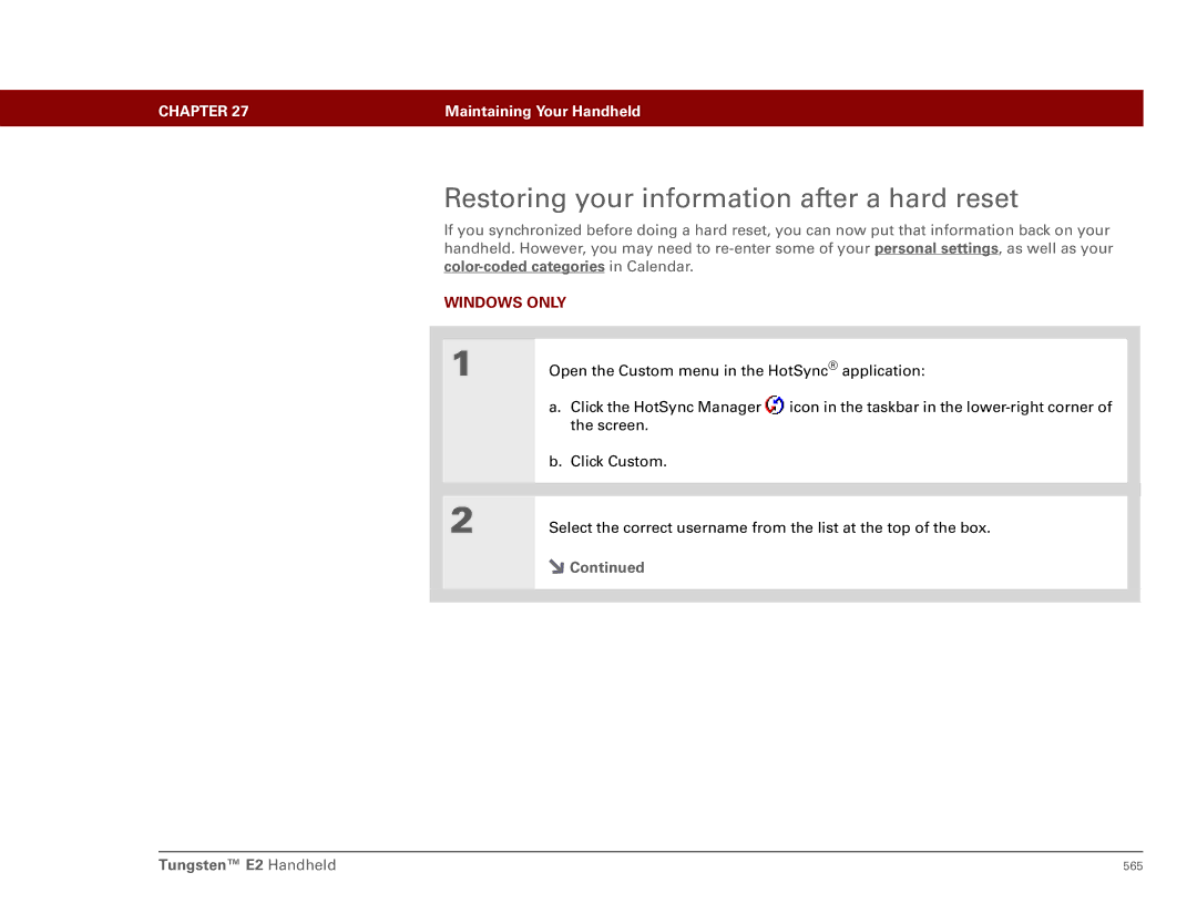 Palm 561 manual Restoring your information after a hard reset, Windows only 