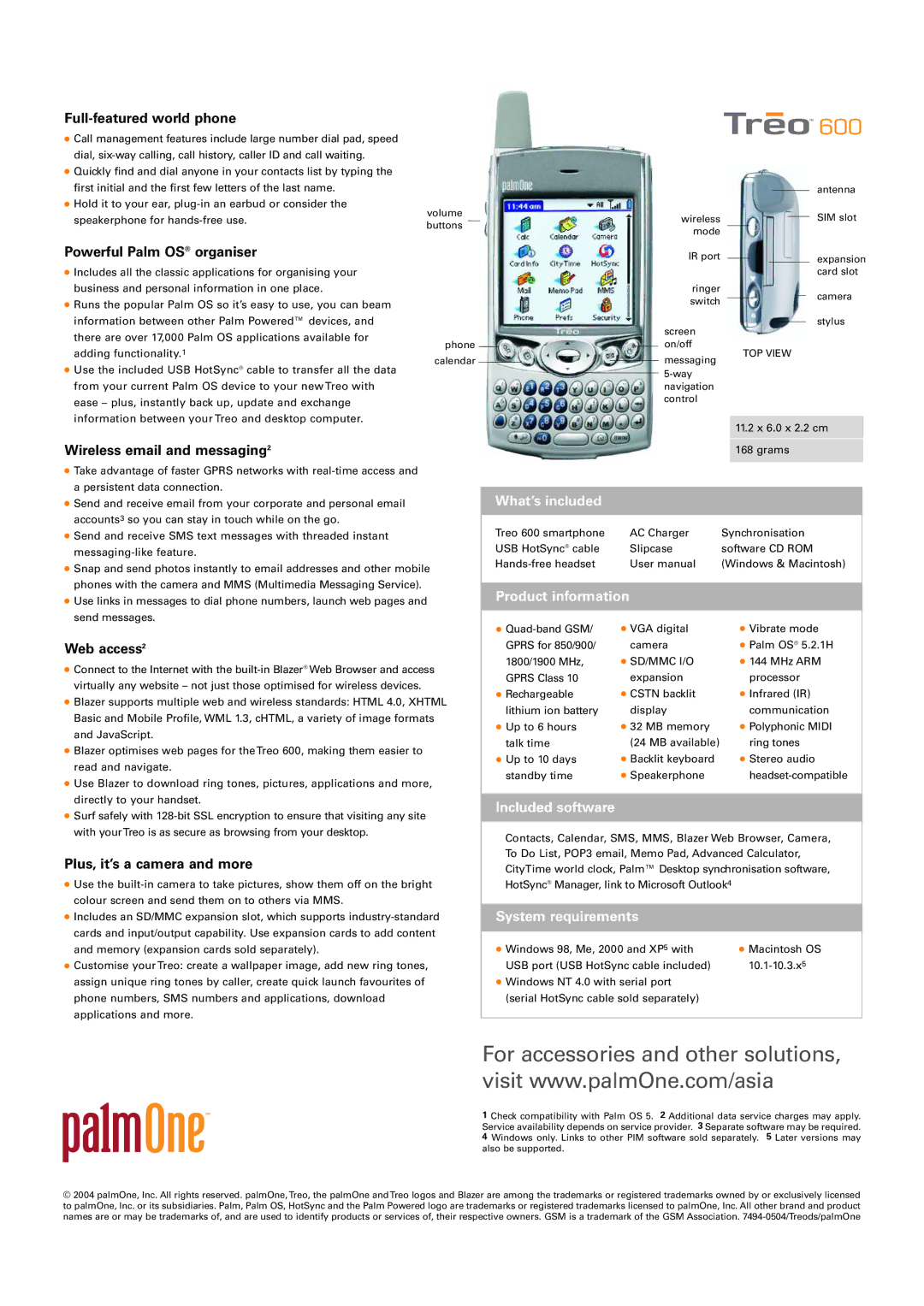 Palm 600 manual What’s included, Product information, Included software, System requirements 