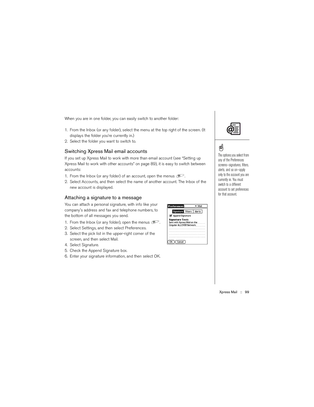 Palm 650 manual Switching Xpress Mail email accounts, Attaching a signature to a message 