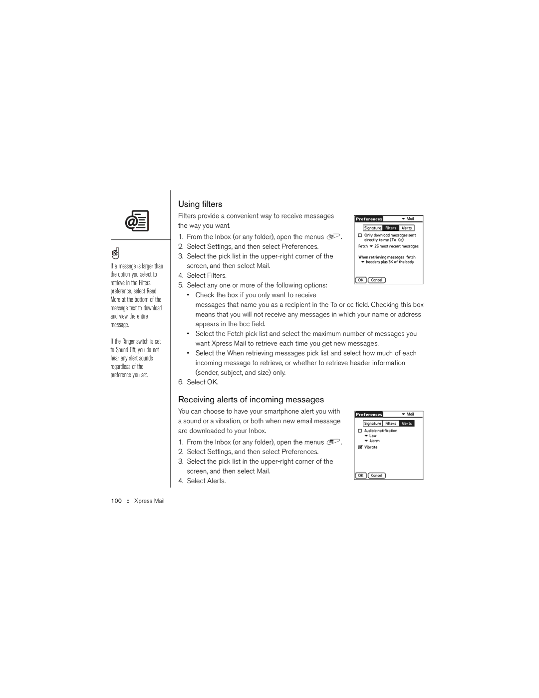 Palm 650 manual Using filters, Receiving alerts of incoming messages 