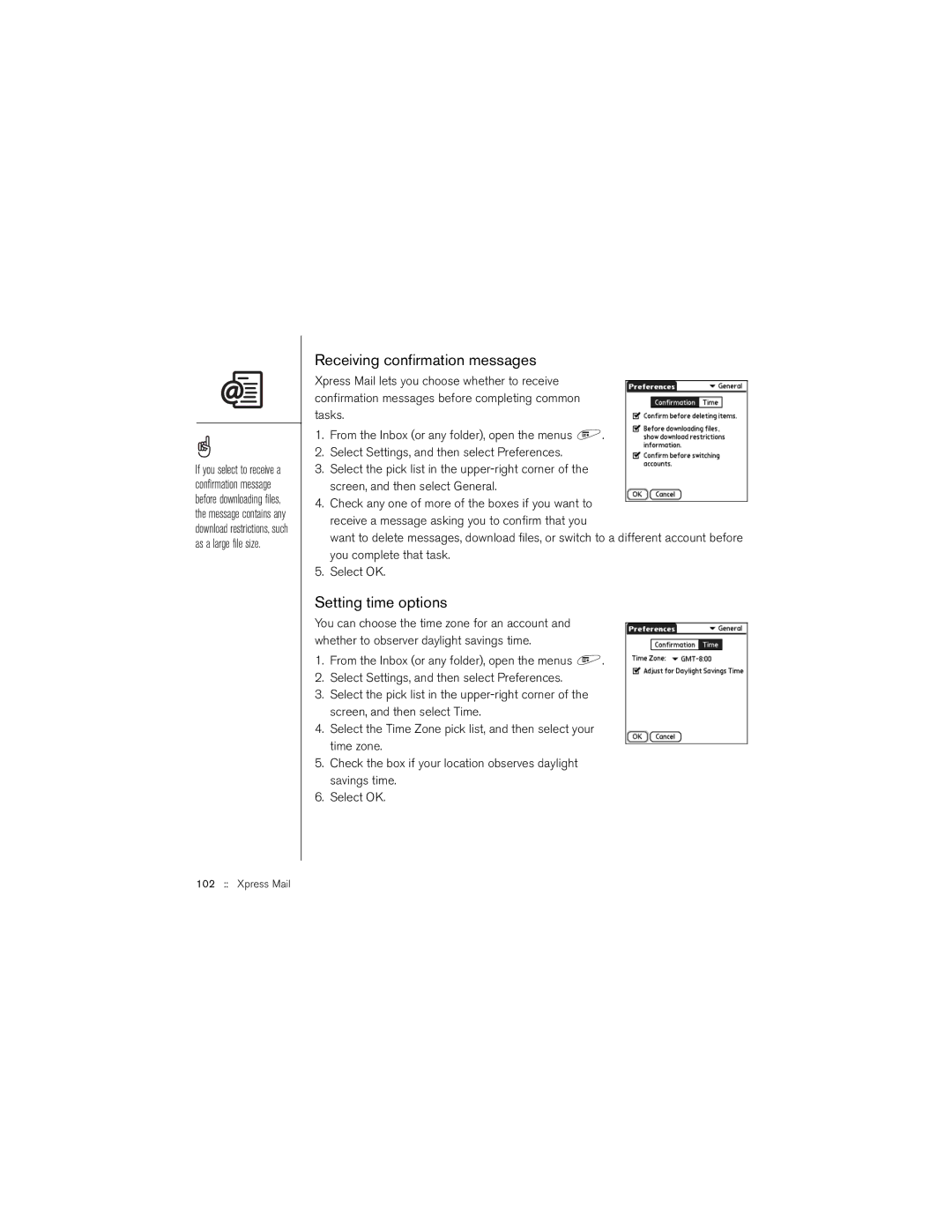 Palm 650 manual Receiving confirmation messages, Setting time options 