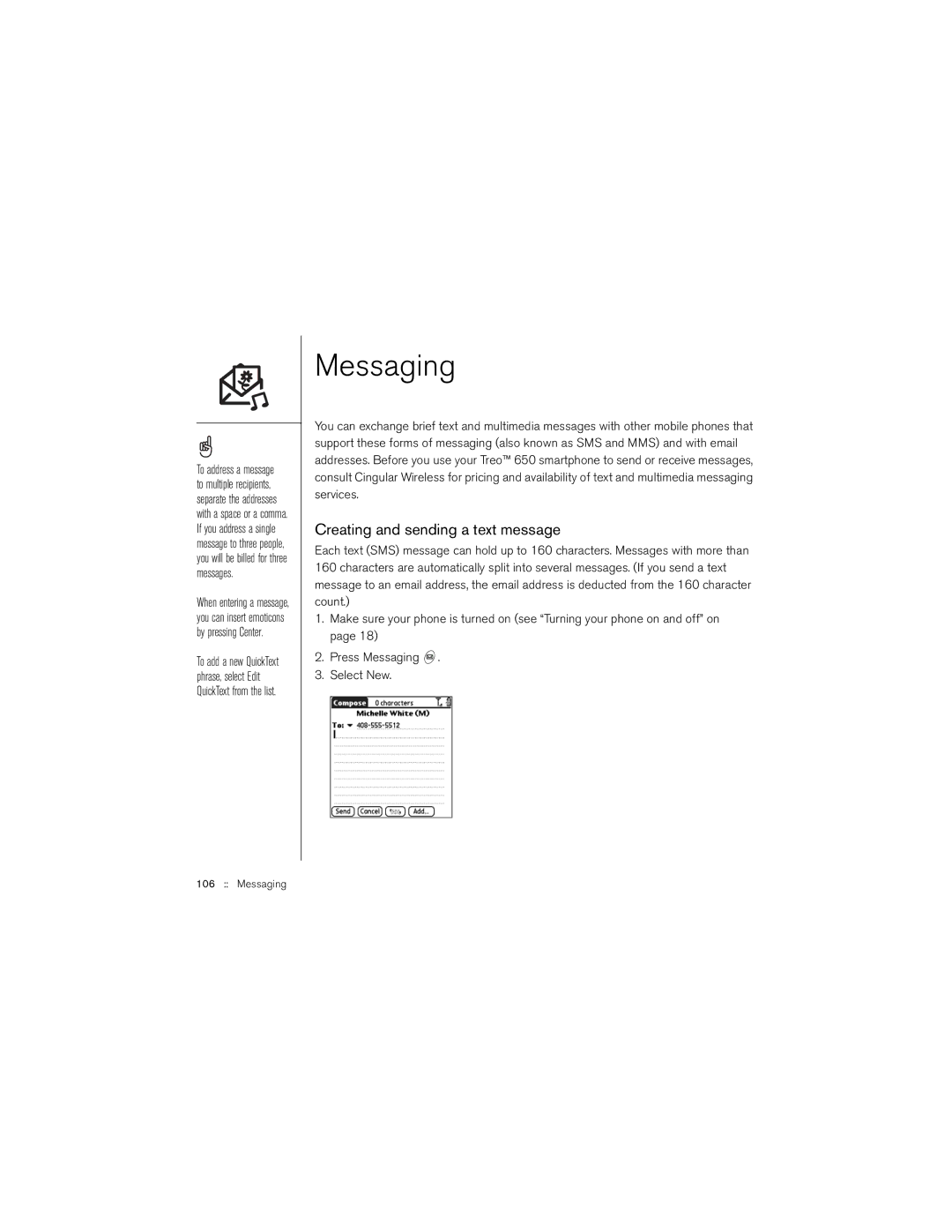 Palm 650 manual Messaging, Creating and sending a text message 