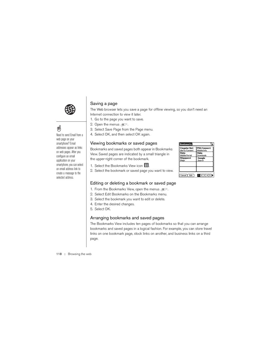Palm 650 manual Saving a, Viewing bookmarks or saved pages, Editing or deleting a bookmark or saved 