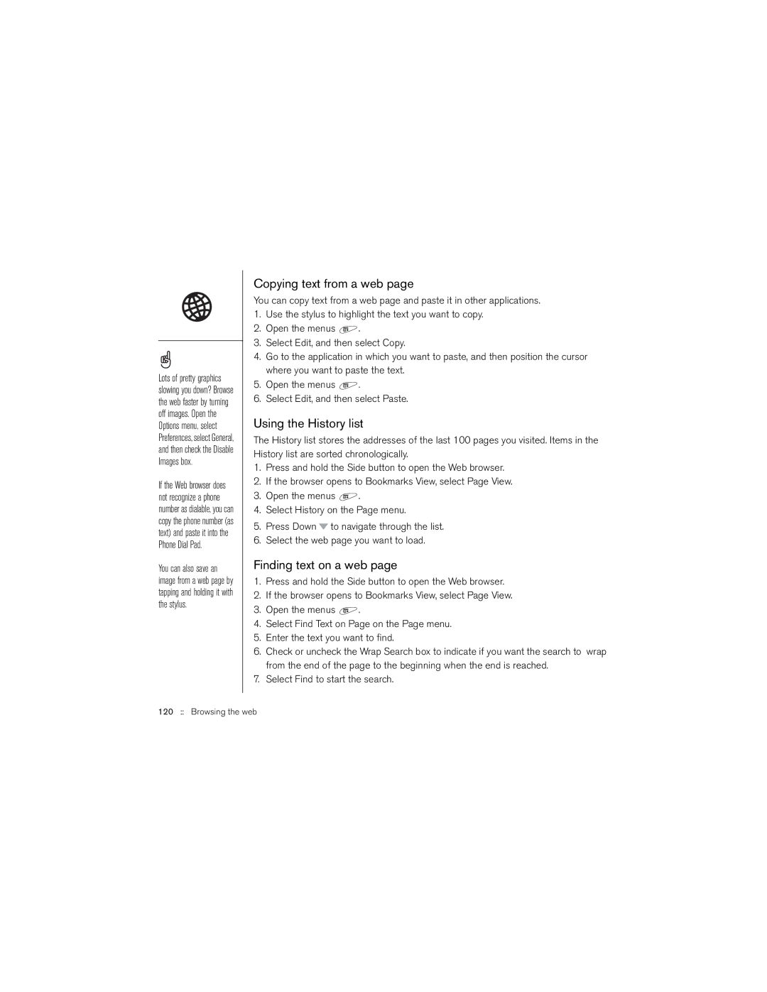 Palm 650 manual Copying text from a web, Using the History list, Finding text on a web 