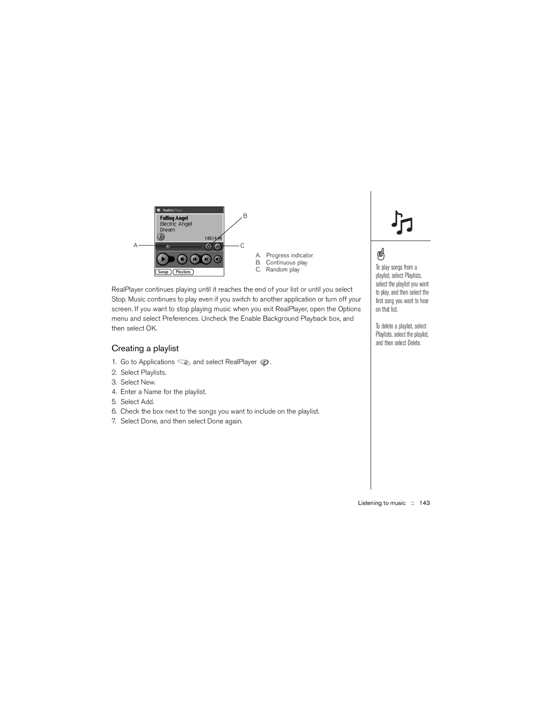 Palm 650 manual Creating a playlist, Progress indicator Continuous play Random play 