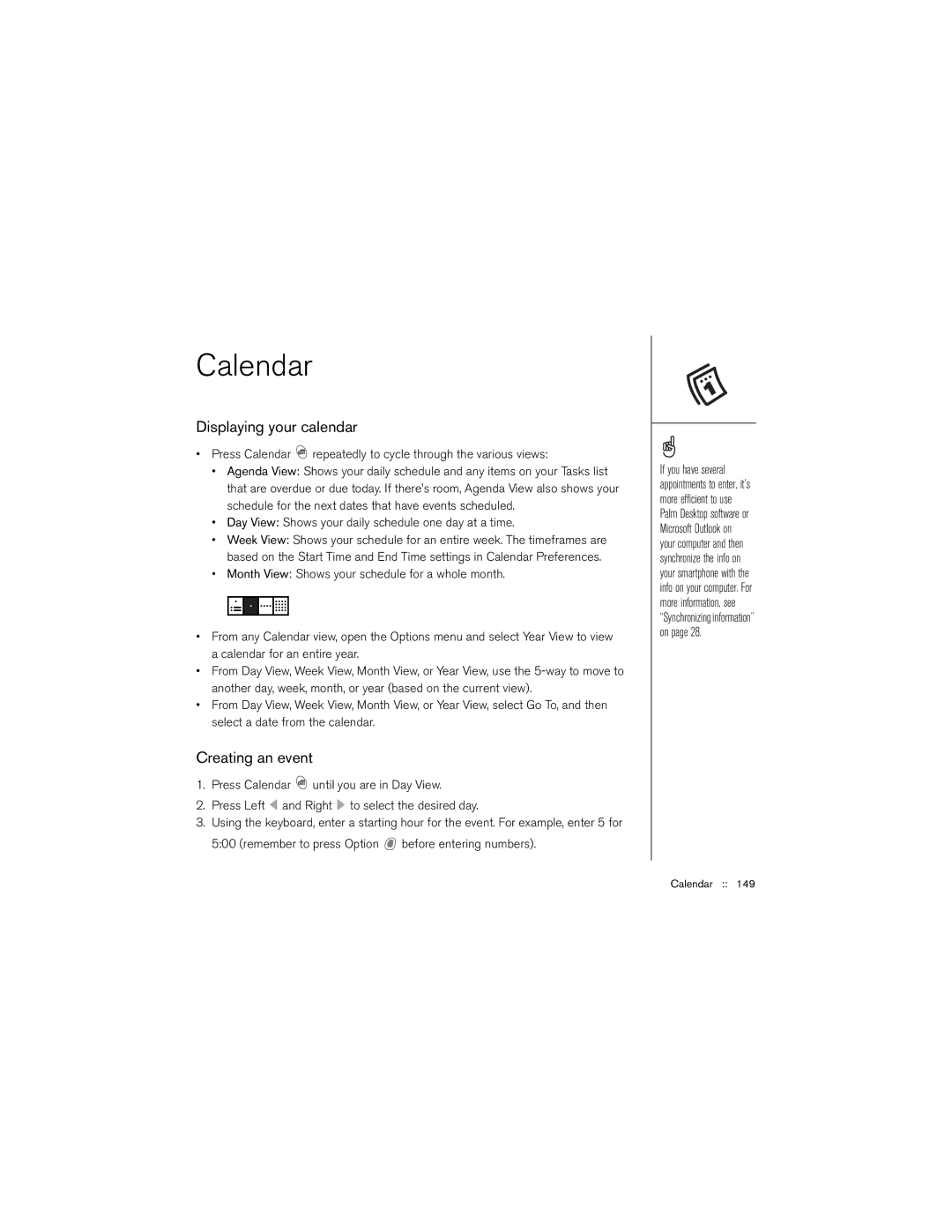 Palm 650 manual Calendar, Displaying your calendar, Creating an event 