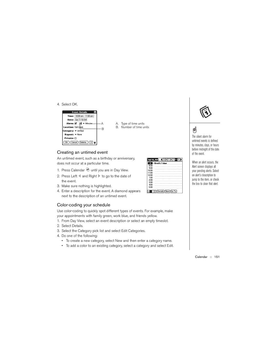 Palm 650 manual Creating an untimed event, Color-coding your schedule, Type of time units Number of time units 