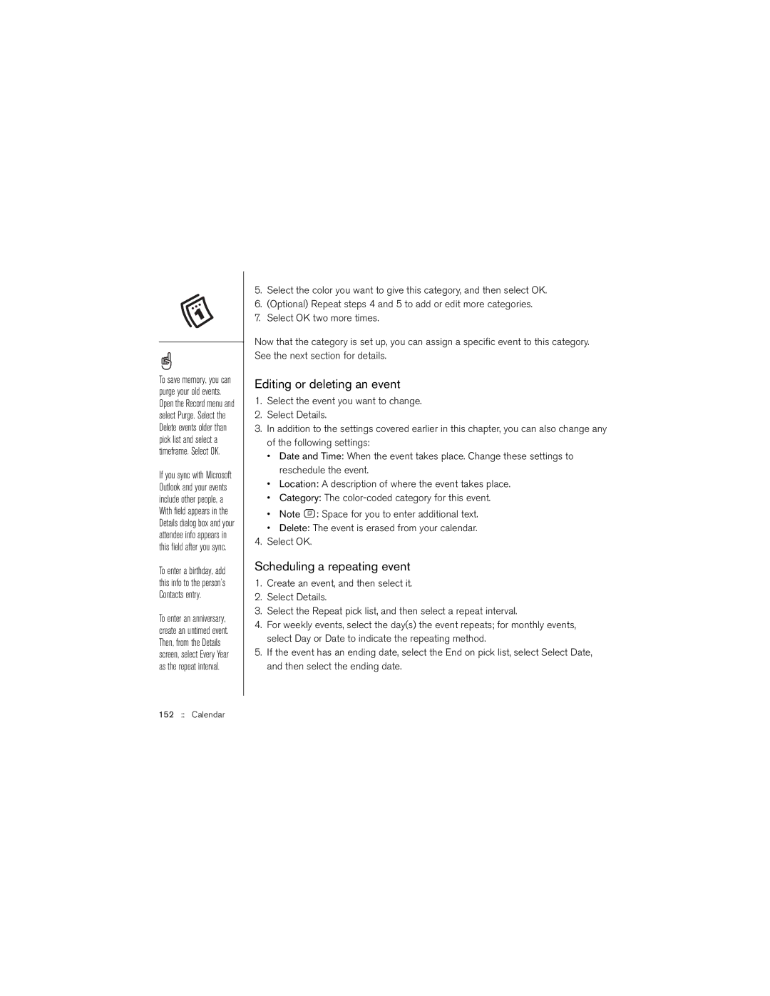 Palm 650 manual Editing or deleting an event, Scheduling a repeating event 