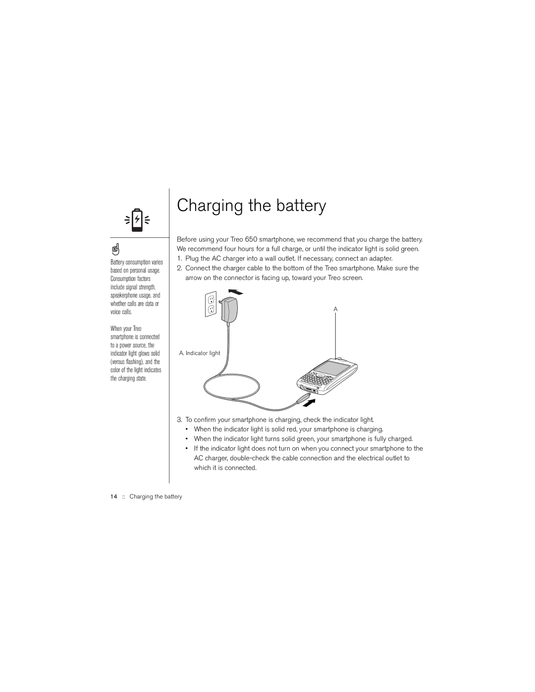 Palm 650 manual Charging the battery, Indicator light 