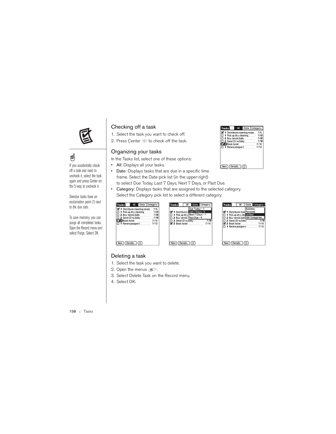 Palm 650 manual Checking off a task, Organizing your tasks, Deleting a task 