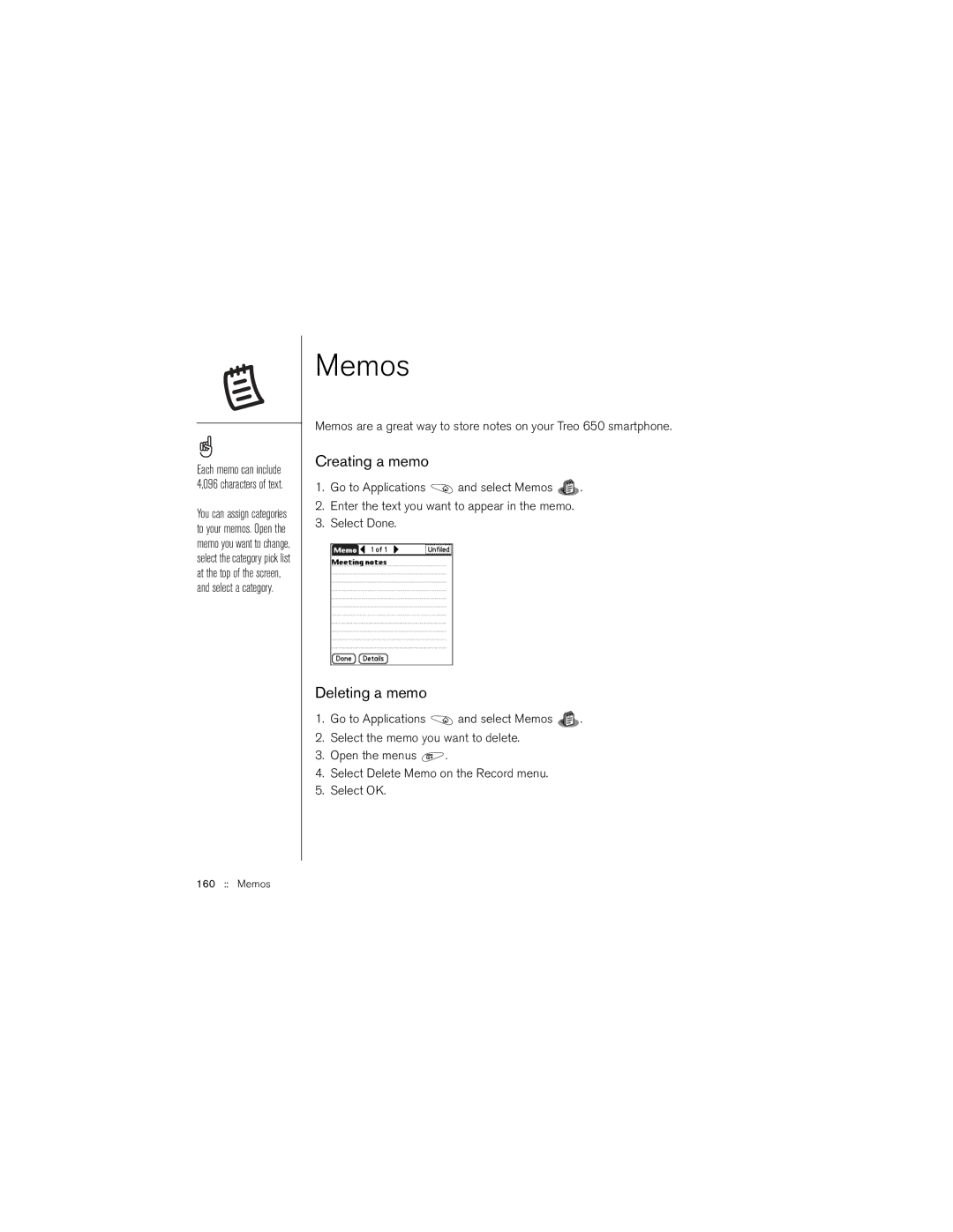 Palm 650 manual Memos, Creating a memo, Deleting a memo 