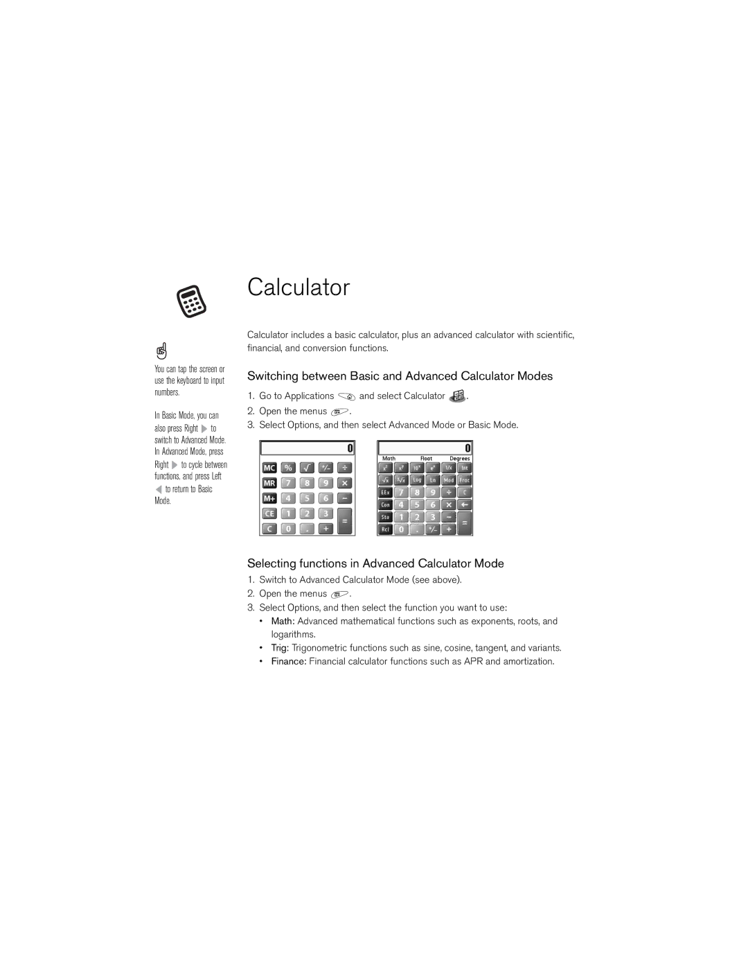 Palm 650 manual Switching between Basic and Advanced Calculator Modes, Selecting functions in Advanced Calculator Mode 