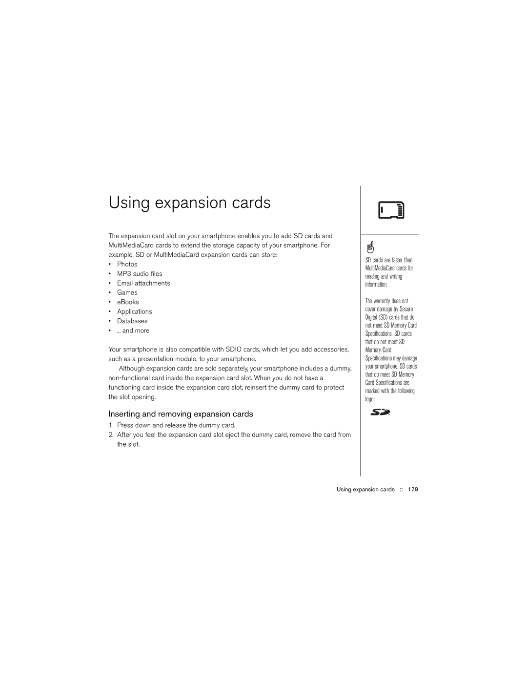 Palm 650 manual Using expansion cards, Inserting and removing expansion cards 