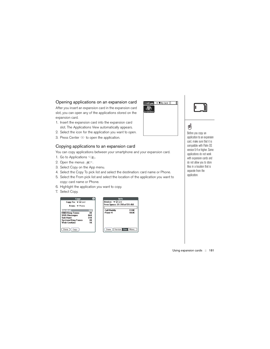 Palm 650 manual Opening applications on an expansion card, Copying applications to an expansion card 