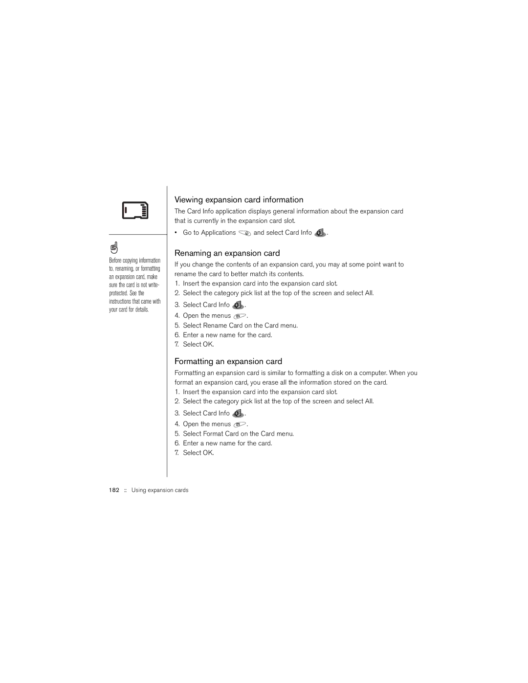 Palm 650 manual Viewing expansion card information, Renaming an expansion card, Formatting an expansion card 