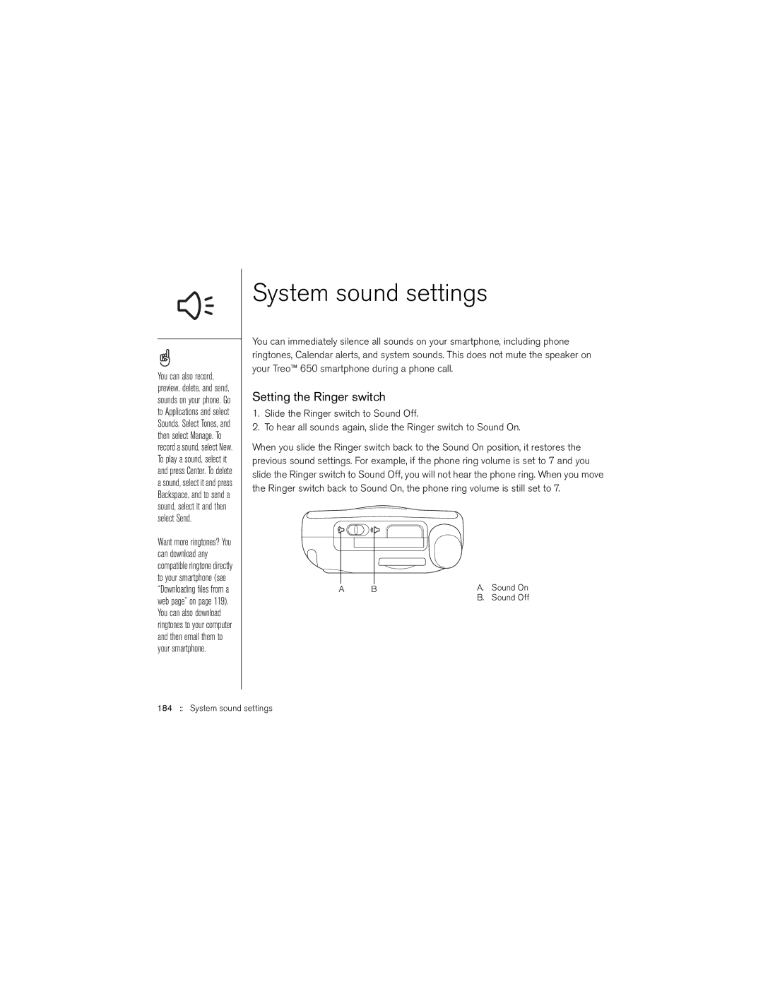 Palm 650 manual System sound settings, Setting the Ringer switch 