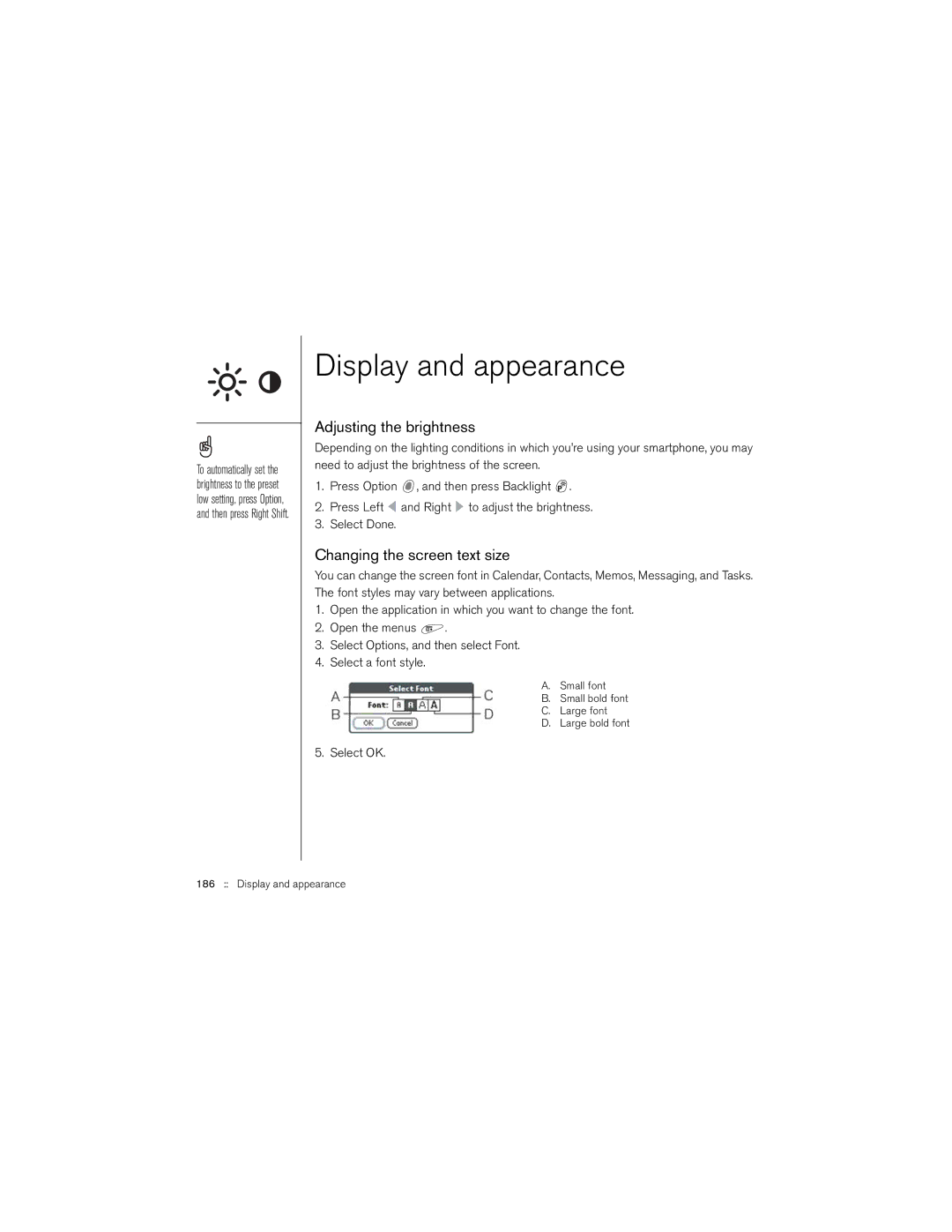 Palm 650 manual Display and appearance, Adjusting the brightness, Changing the screen text size 