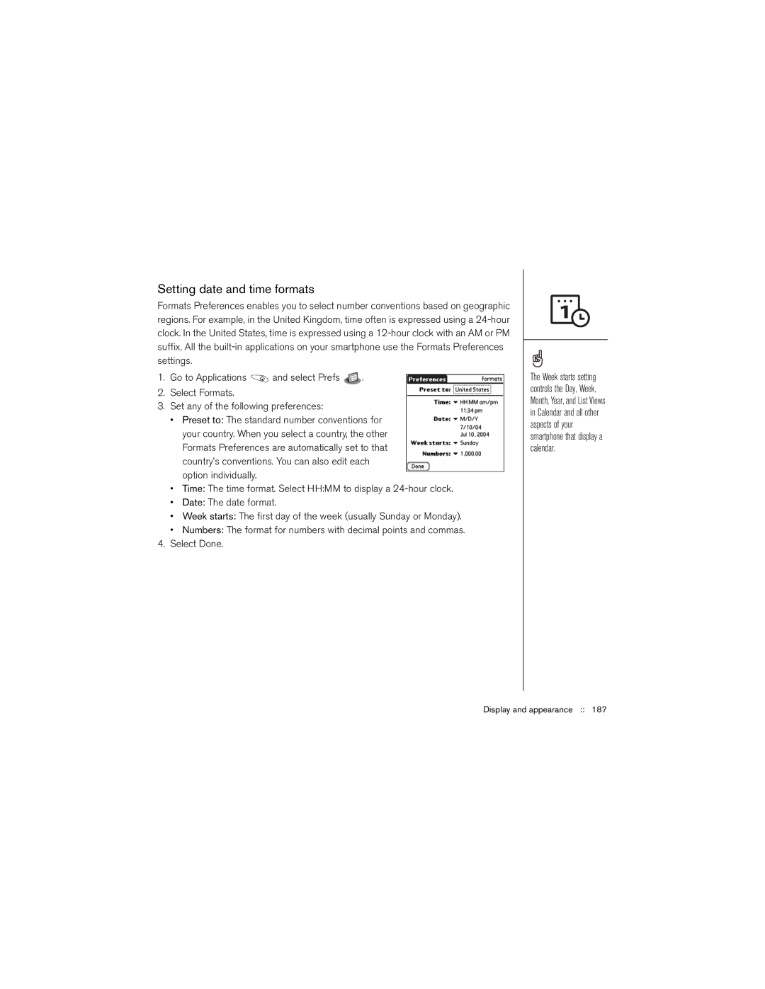 Palm 650 manual Setting date and time formats 