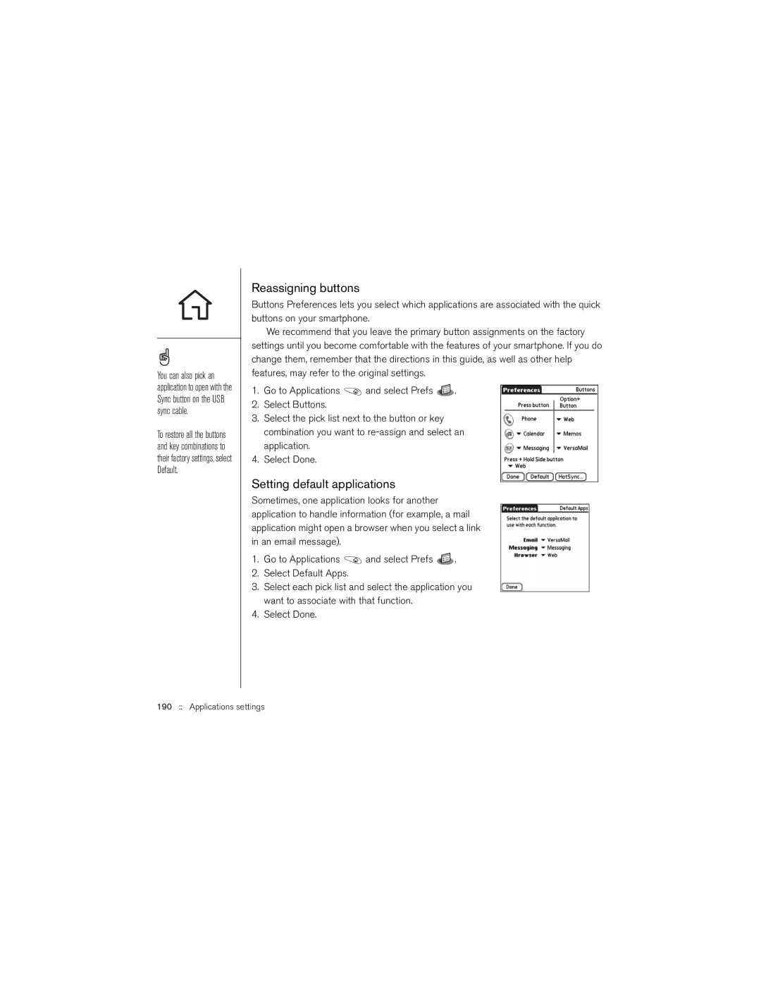 Palm 650 manual Reassigning buttons, Setting default applications 