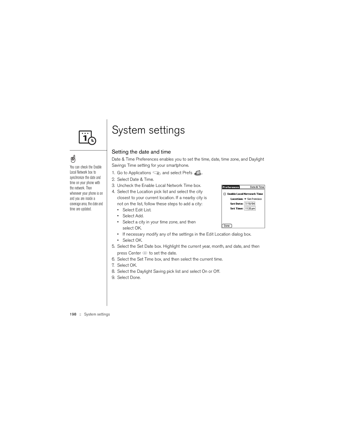 Palm 650 manual System settings, Setting the date and time 