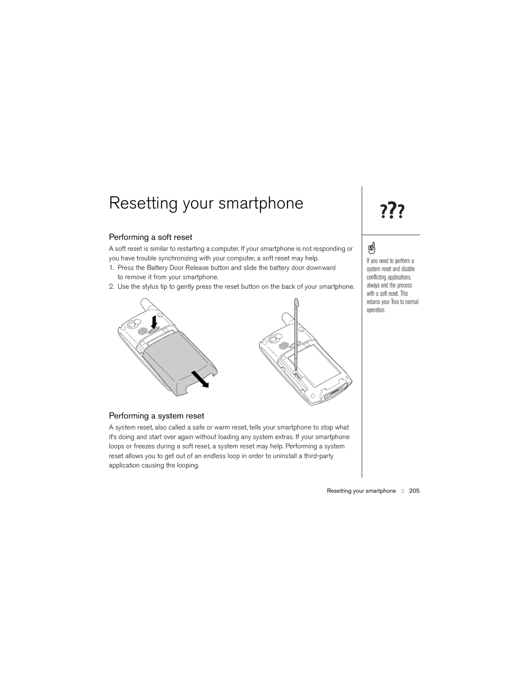 Palm 650 manual Resetting your smartphone, Performing a soft reset, Performing a system reset 