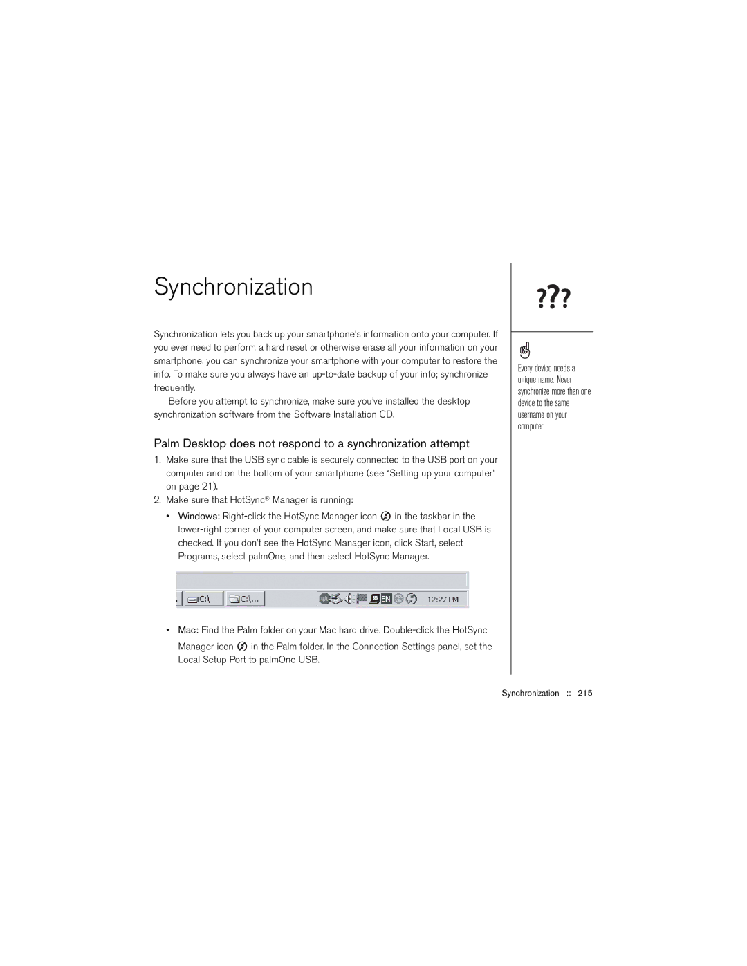 Palm 650 manual Synchronization, Palm Desktop does not respond to a synchronization attempt 