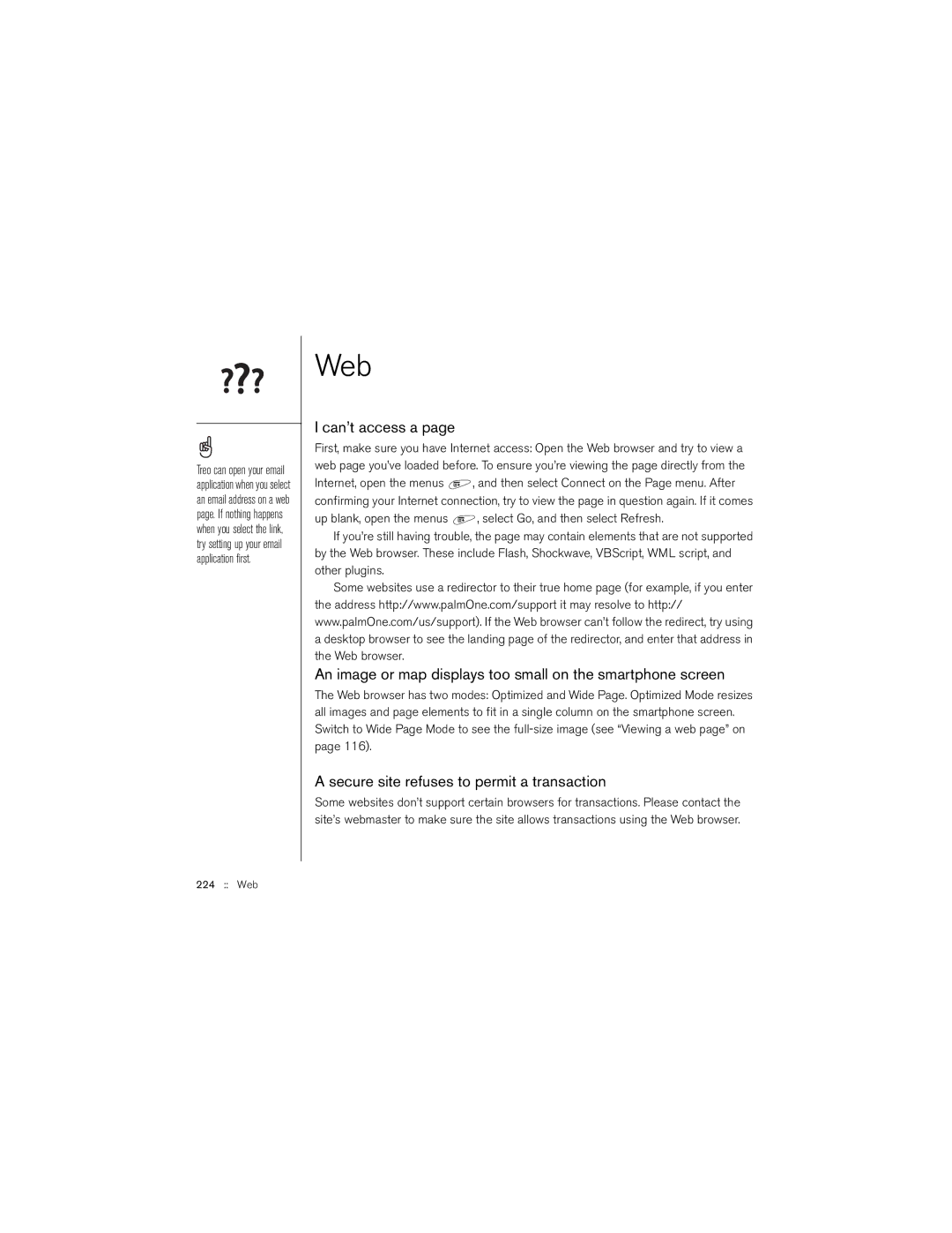 Palm 650 manual Web, Can’t access a, An image or map displays too small on the smartphone screen 
