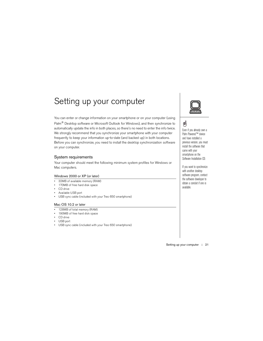 Palm 650 manual Setting up your computer, System requirements 