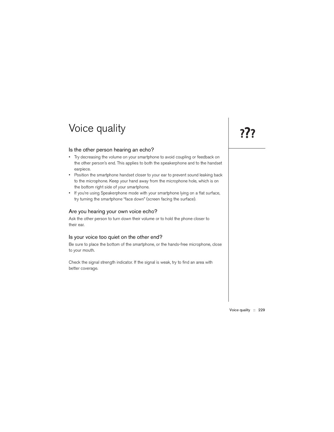 Palm 650 manual Voice quality, Is the other person hearing an echo?, Are you hearing your own voice echo? 