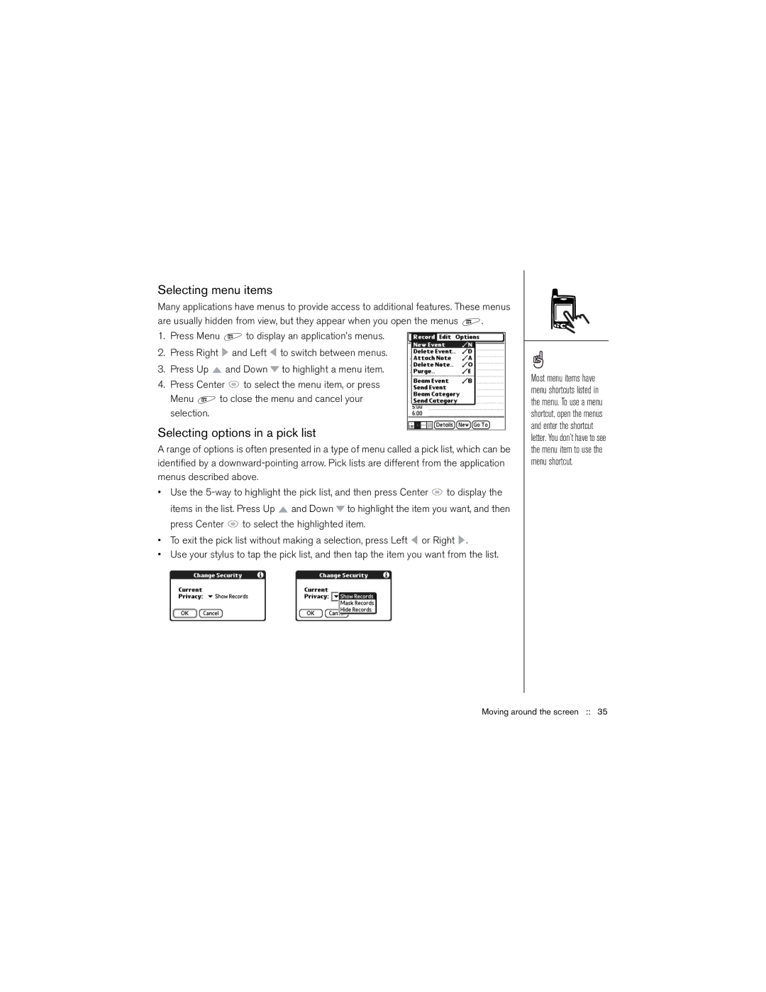 Palm 650 manual Selecting menu items, Selecting options in a pick list 