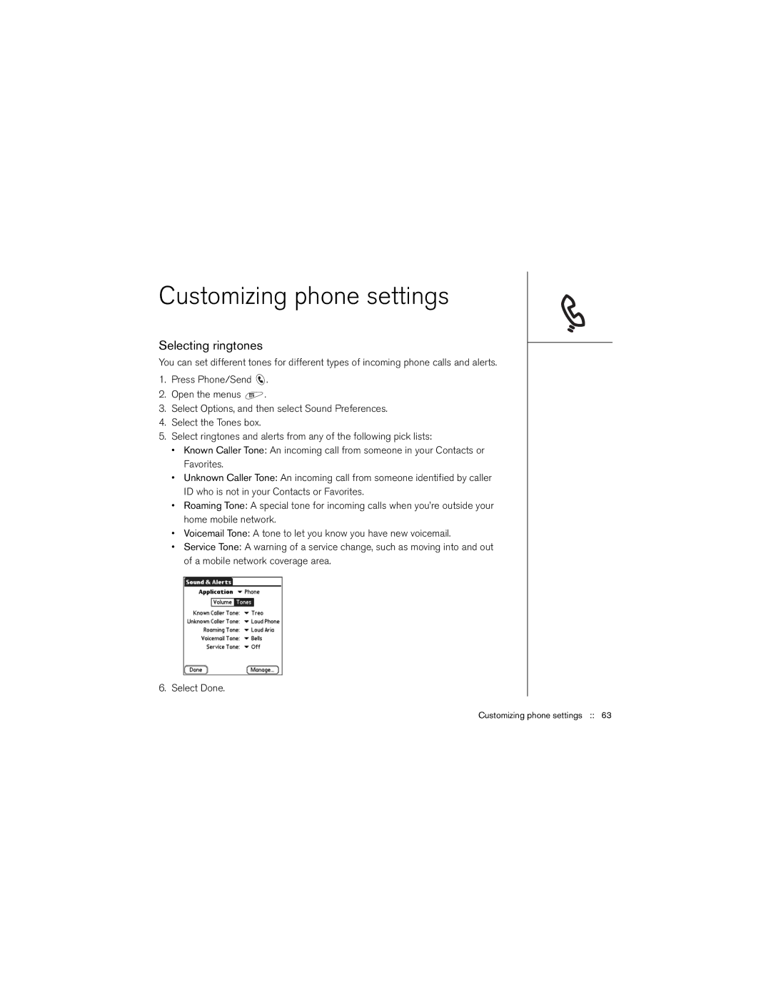 Palm 650 manual Customizing phone settings, Selecting ringtones 