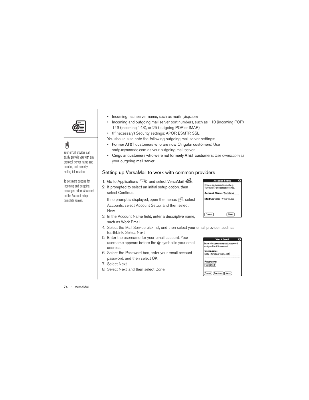 Palm 650 manual Setting up VersaMail to work with common providers 