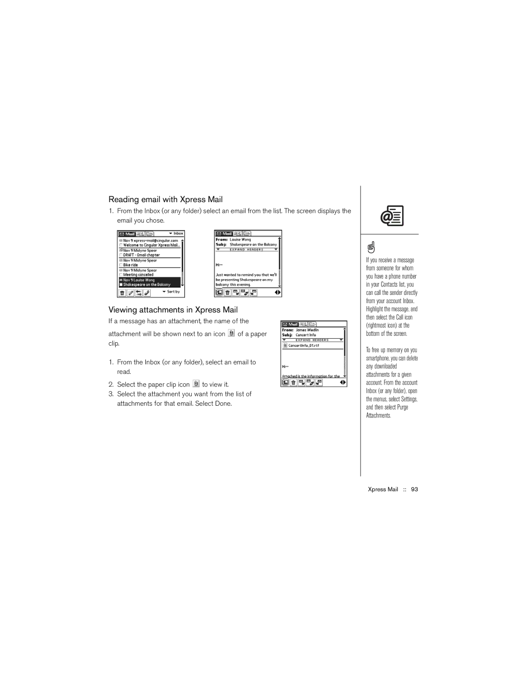 Palm 650 manual Reading email with Xpress Mail, Viewing attachments in Xpress Mail 