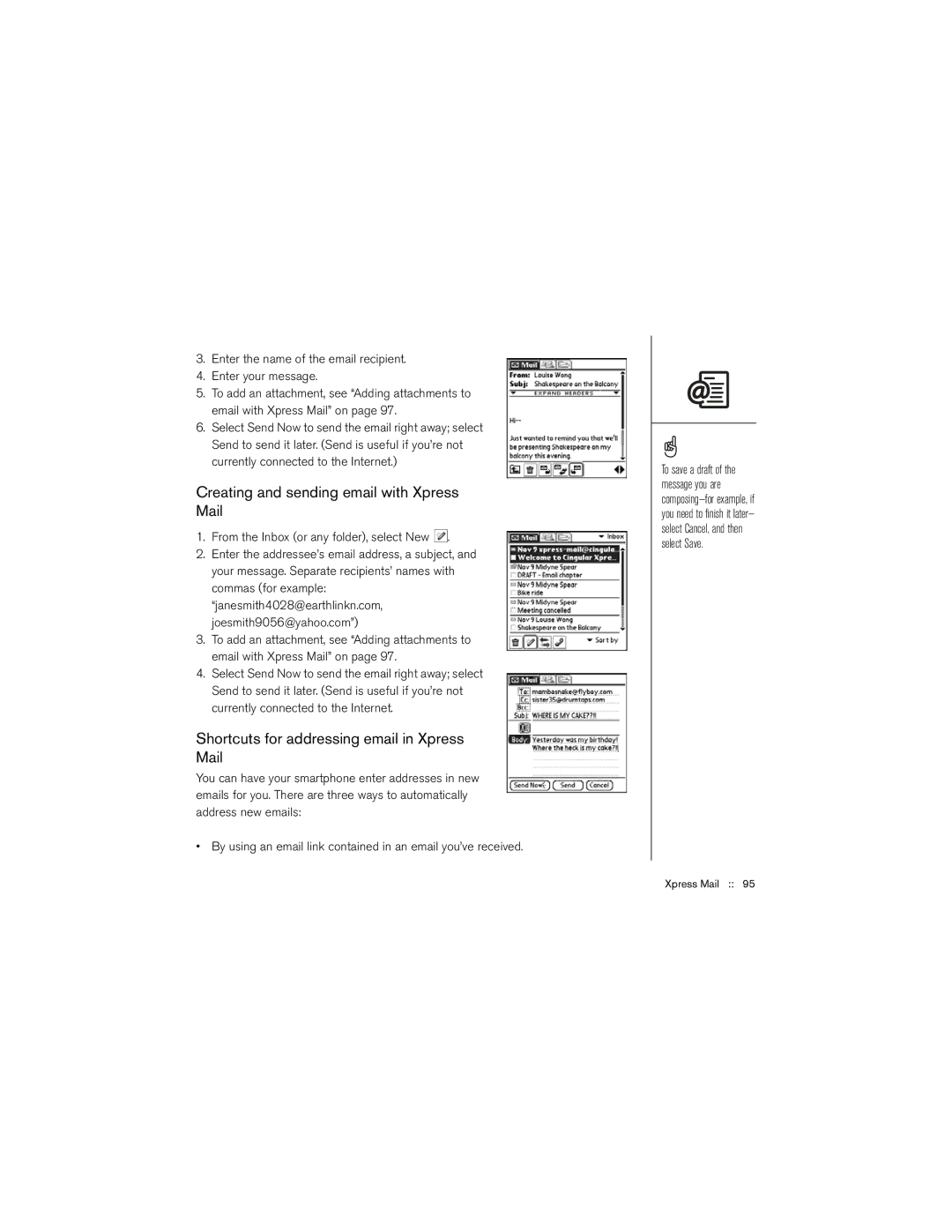 Palm 650 manual Creating and sending email with Xpress Mail, Shortcuts for addressing email in Xpress Mail 