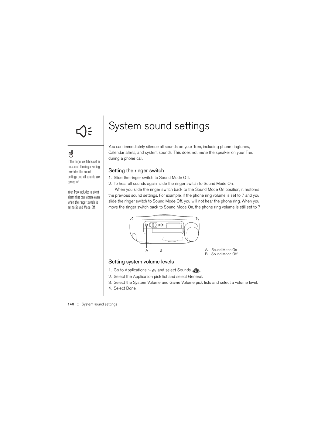 Palm 650 manual System sound settings, Setting the ringer switch, Setting system volume levels 