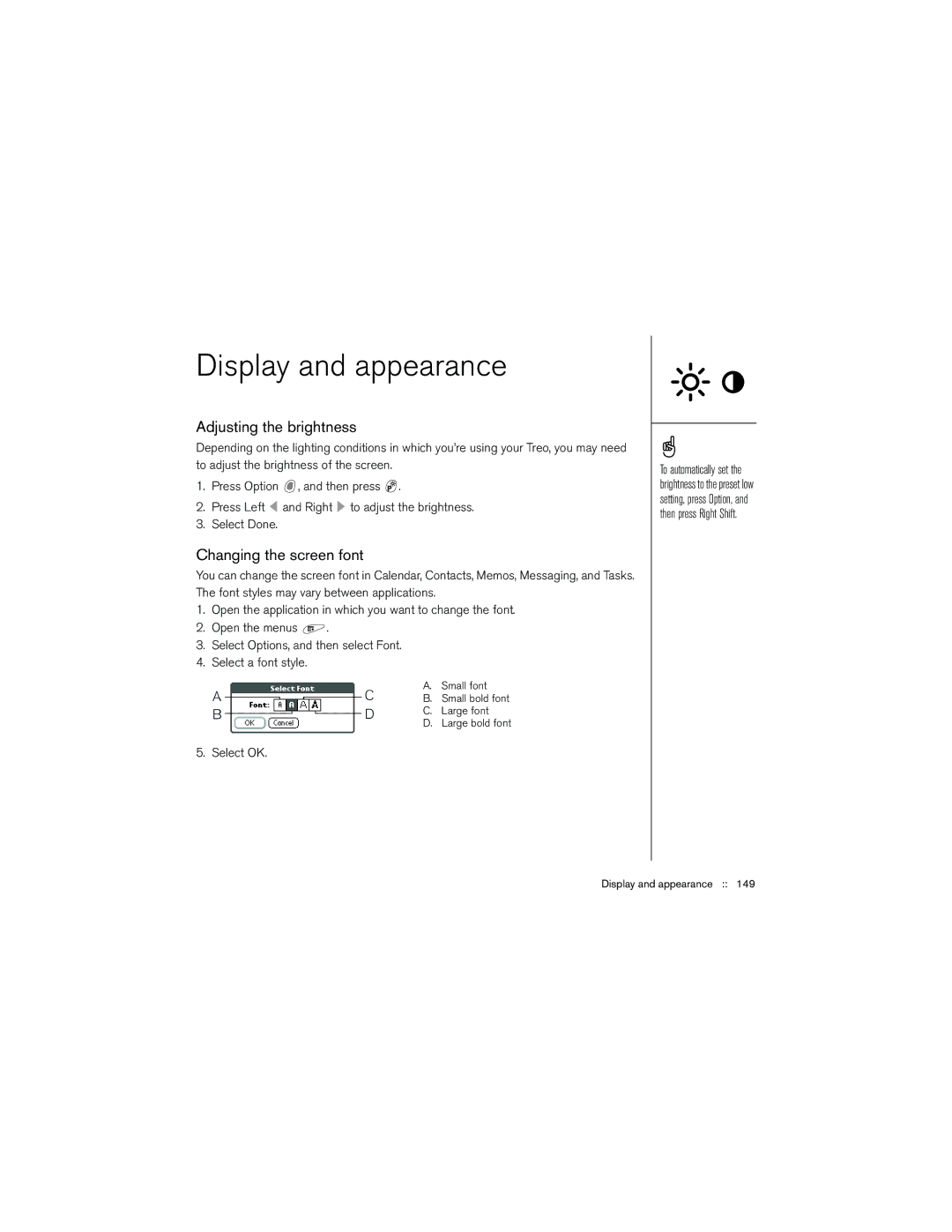 Palm 650 manual Display and appearance, Adjusting the brightness, Changing the screen font 