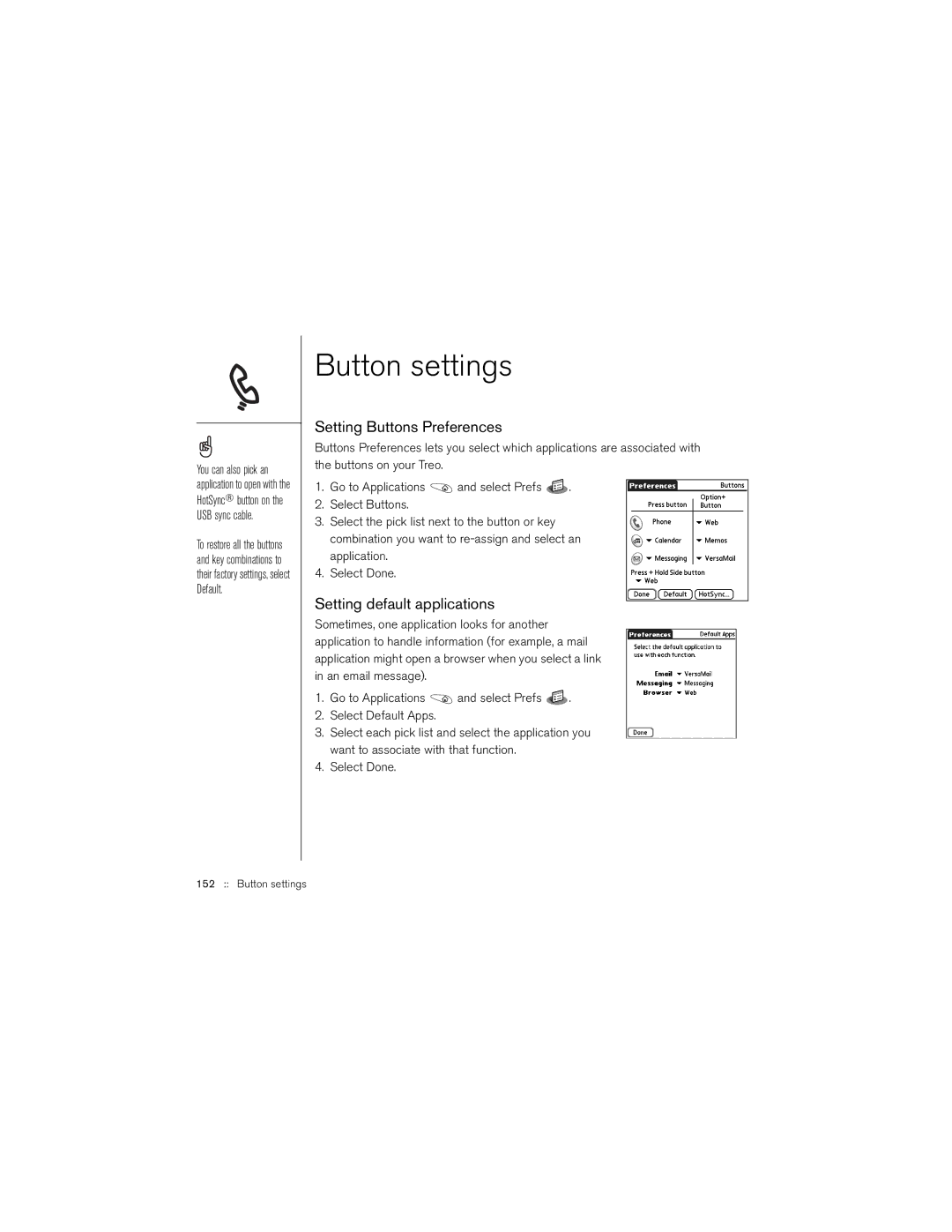 Palm 650 manual Button settings, Setting Buttons Preferences, Setting default applications 