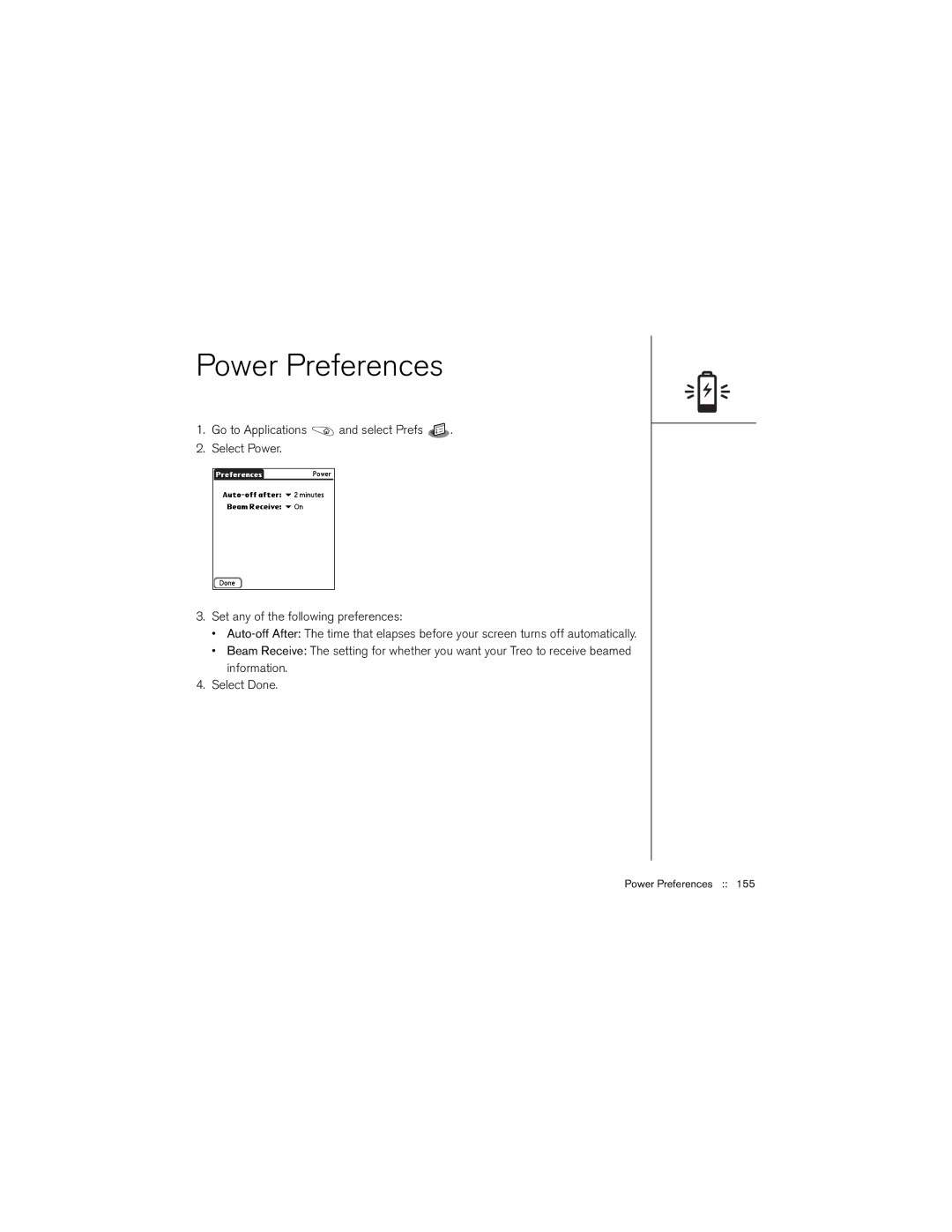 Palm 650 manual Power Preferences 