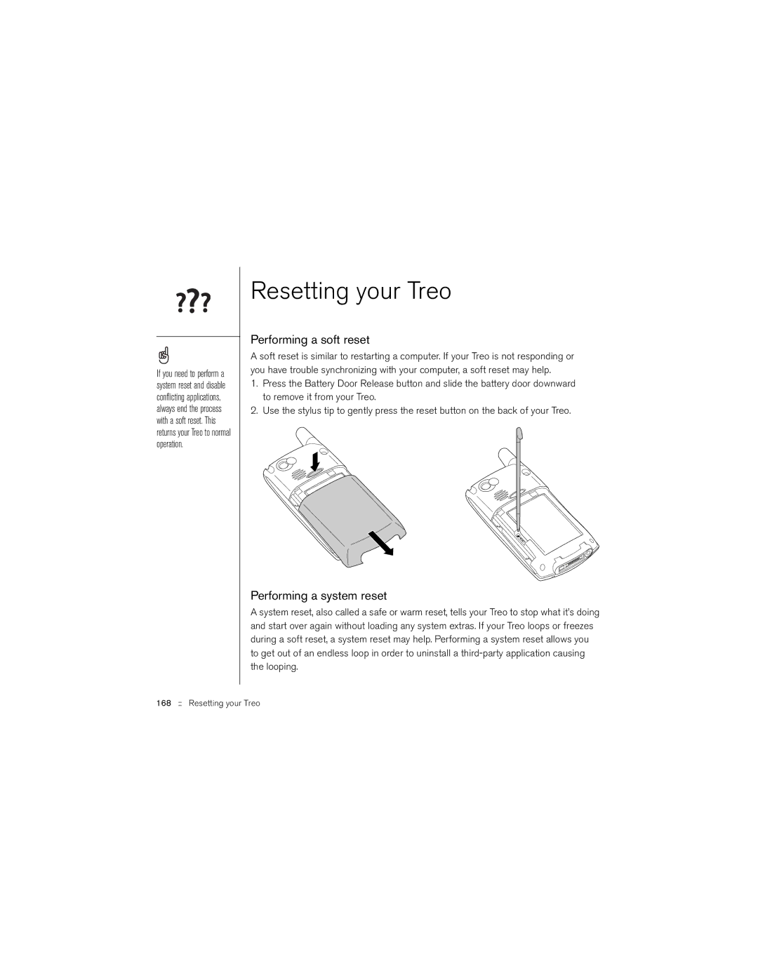 Palm 650 manual Resetting your Treo, Performing a soft reset, Performing a system reset 