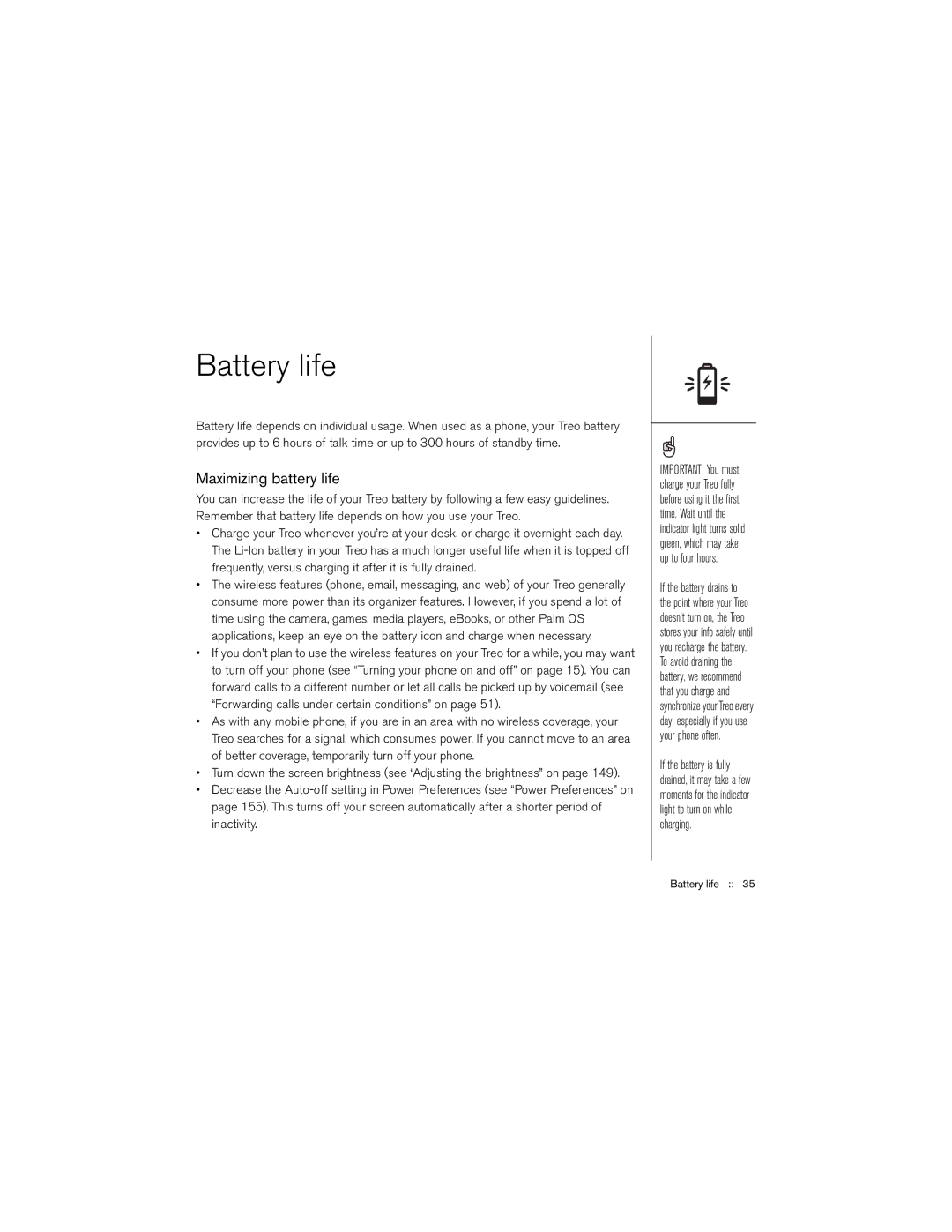 Palm 650 manual Battery life, Maximizing battery life 