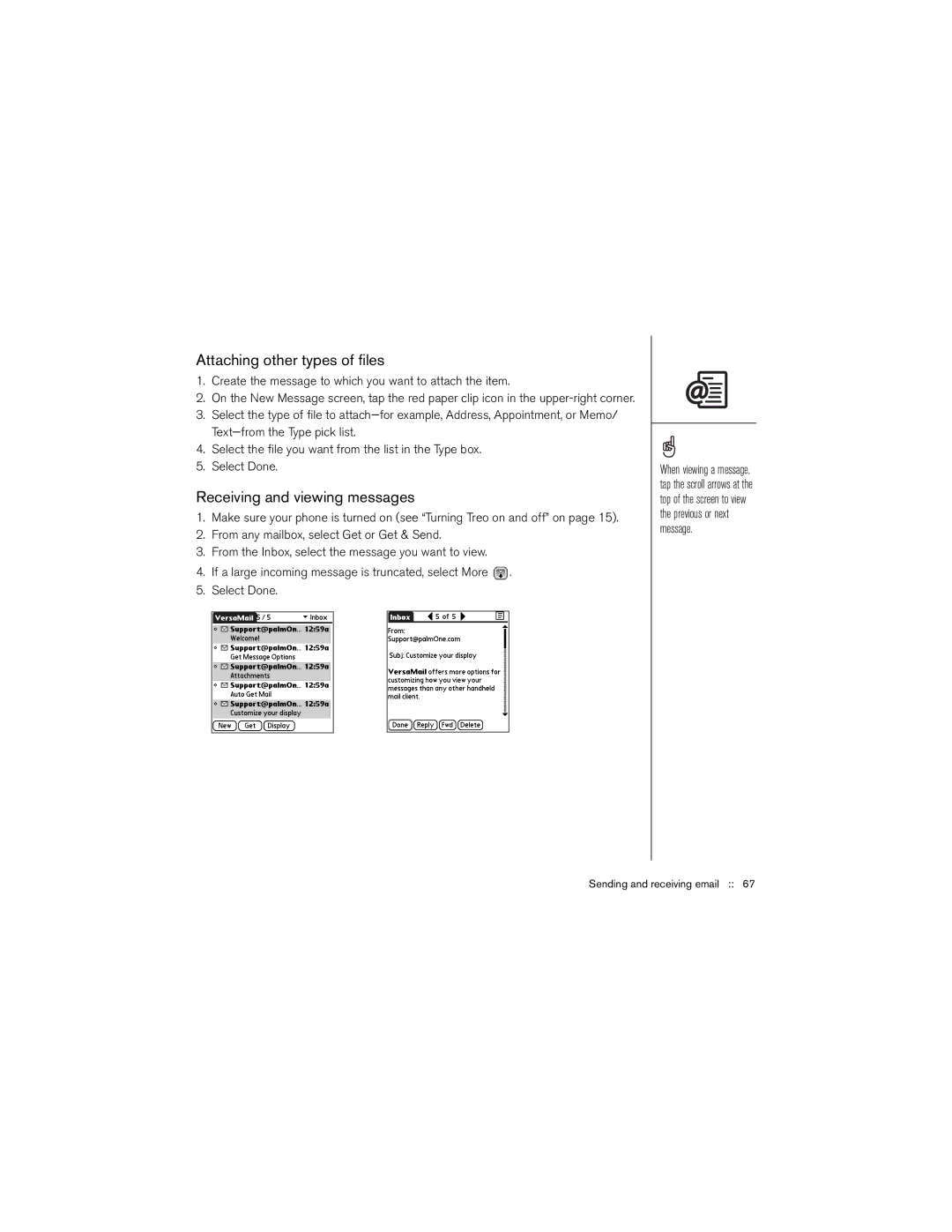 Palm 650 manual Attaching other types of files, Receiving and viewing messages 