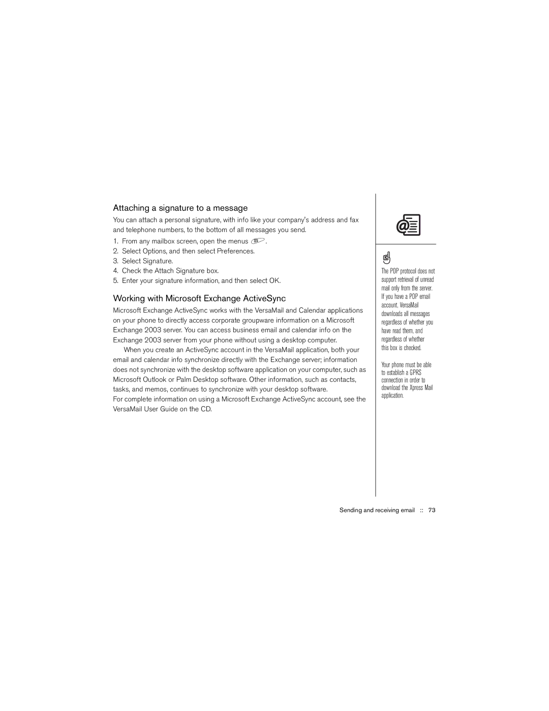 Palm 650 manual Attaching a signature to a message, Working with Microsoft Exchange ActiveSync 