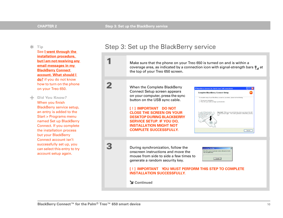 Palm 650 setup guide Set up the BlackBerry service, Complete Successfully 