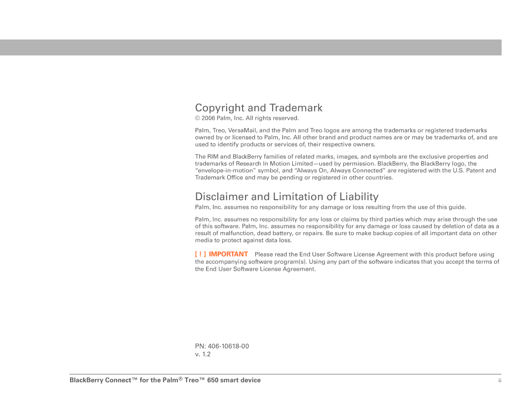 Palm 650 setup guide Copyright and Trademark 