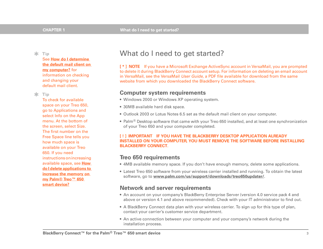 Palm 650 setup guide What do I need to get started?, Tip 