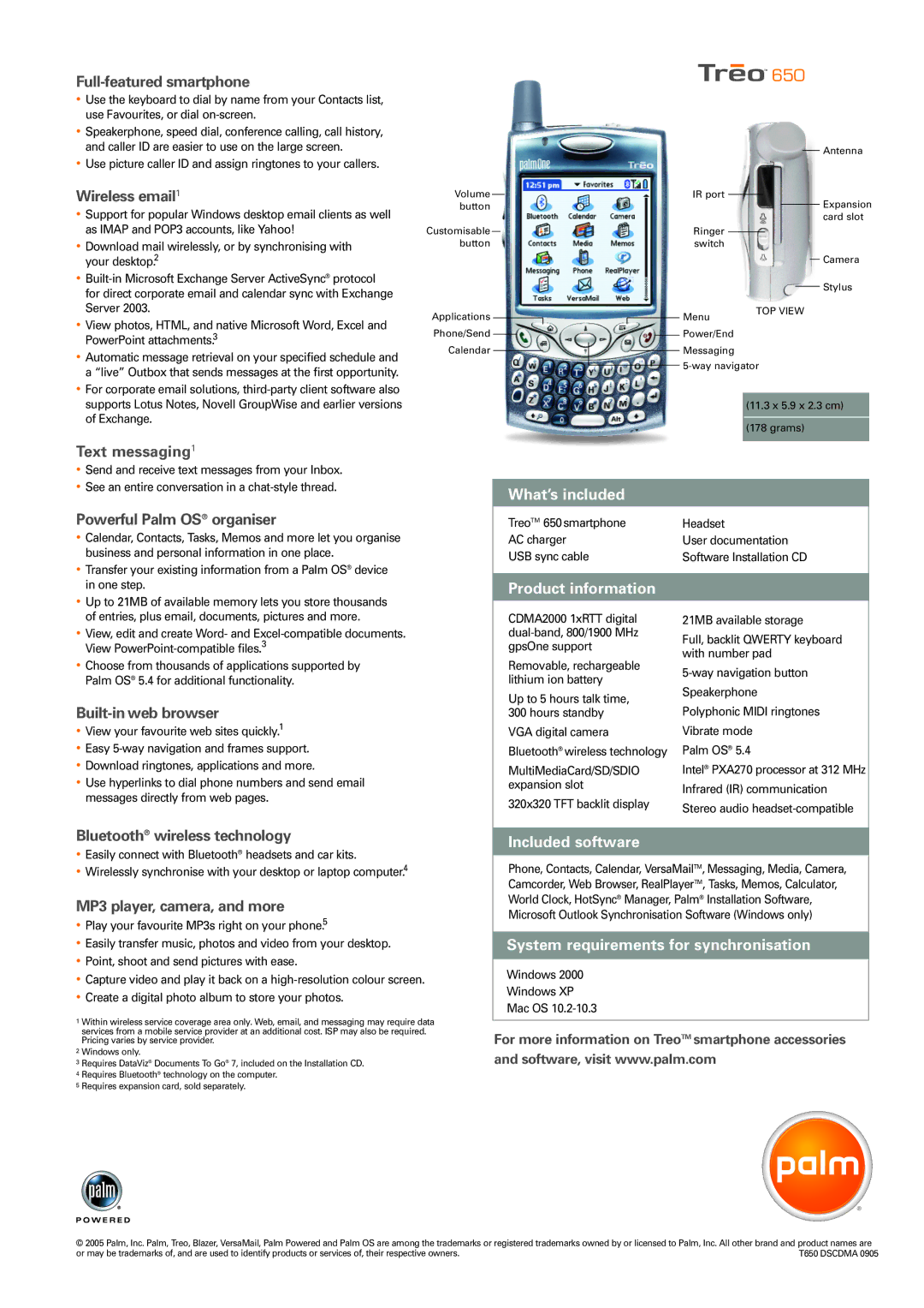 Palm 650 manual What’s included, Product information, Included software, System requirements for synchronisation 