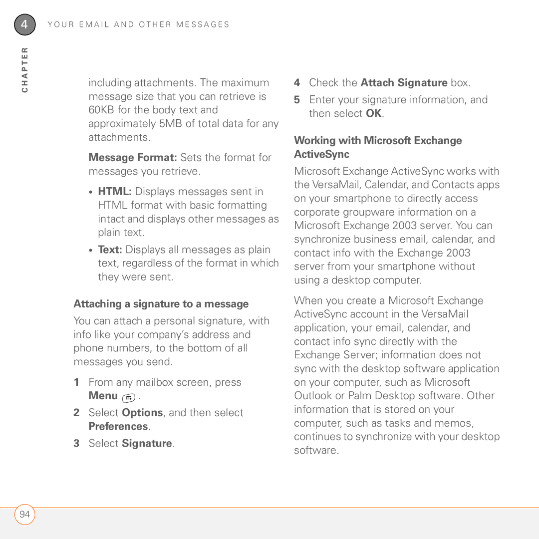 Palm 680 manual Message Format Sets the format for messages you retrieve, Attaching a signature to a message 